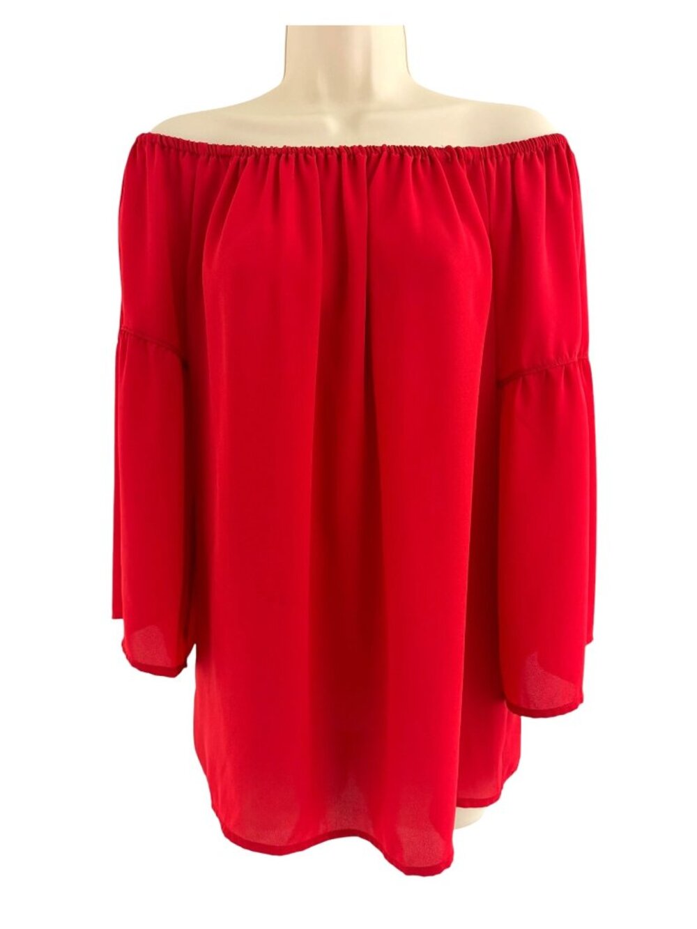 Pleione Off The Shoulder Red Chiffon Tunic‎ Blouse Top Shirt Size S Bell Sleeve